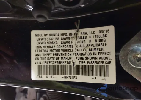 2016 Honda Civic Ex from USA, damaged, VIN 19XFC2F76GE214624
